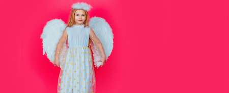 Valentines day banner with angel child. Beautiful little angel girl. Portrait of innocent girl angel with angelic wings. Horizontal photo banner for website header design.の写真素材