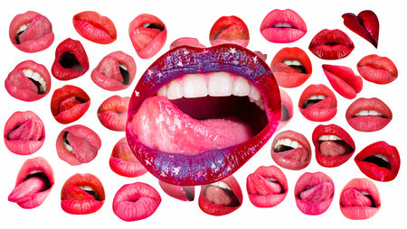 Sexy tongue licking sensual lips. Lips and mouth. Red lip background. Female lips.の写真素材