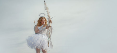 Banner. Angel teenager girl with white wings. Happy Valentines day. Innocent girl. Postcard for...