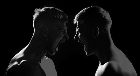 Silhouette of man face in strength. Rivalry, shout screaming men, forces.