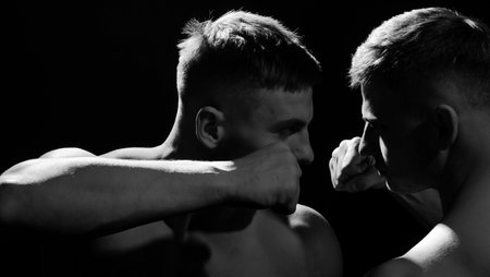 Conflict men fight. Angry man. Strong and power mans hand with muscles.
