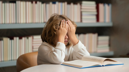 School bullying. Tired school boy, sad pupil at school. Kid doing homework, sitting at table by...