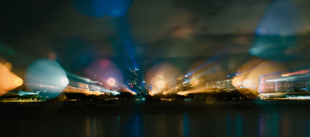 Miami night downtown. Panoramic view of Miami skyline and coastline, Florida.