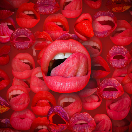 Sexy tongue licking sensual lips. Lips and mouth. Female lip in red background. Woman lips.の写真素材