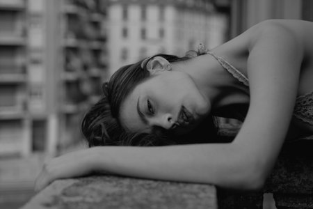 Depressed young woman outdoor. City woman portrait. Fashion and beauty. Luxury woman. Street style vogue.の写真素材