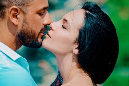Seduction concept. I love you. Secrets fantasy. Satisfied girlfriend and boyfriend enjoying romantic moment. Sensual foreplay.の写真素材