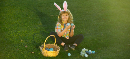 Easter banner, mockup copy space, poster flyer header for website template. Bunny kids with rabbit...
