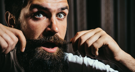Funny man with long moustache. Bearded man with mustache, bearded excited gay.の写真素材