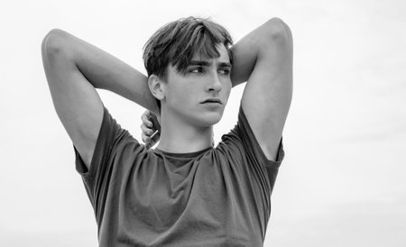 Fashion Guy. Fashion style portrait of handsome guy. Portrait of fashionable handsome man in look at camera.の写真素材