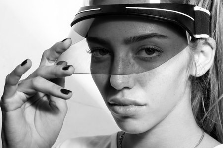 Summer Woman face with the sun visor.の写真素材