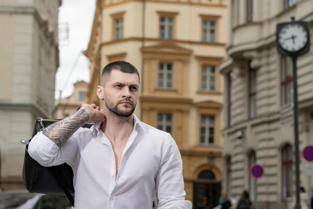 Man with travel bag ready to travel on his vacation.の写真素材