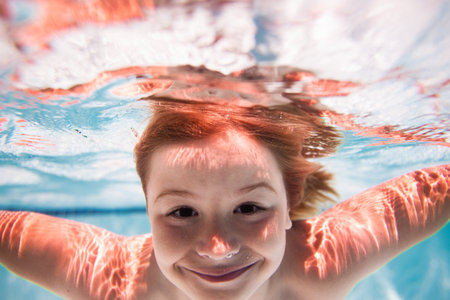 Funny kids face under water. Beach sea and water fun. Child swimming underwater in swimming pool. Funny kids face. Children swim in the sea water.の写真素材