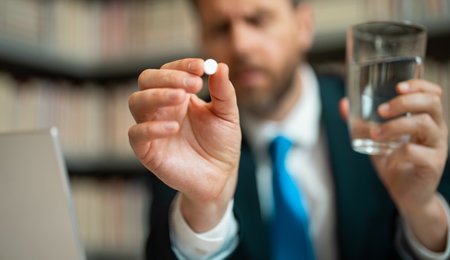 Close up portrait of man taking a medicine pill from headache migraine. Hand with medicine pill selective focus. Tired man suffering from headache after computer work.の写真素材