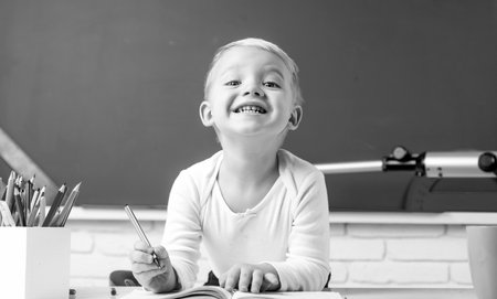 Portrait of funny Pupil in classroom. Elementary school and education. Individual tutoring.の写真素材