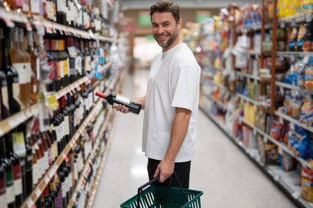 Handsome man with shopping basket with grocery. Man choosing alcohol bottles at liquor store.の写真素材