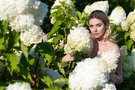 Sensual woman posing in blooming hydrangea in summer park. The concept of relax, travel, freedom and spring vacation. Fashion style. Romantic and lifestyle concept.の写真素材