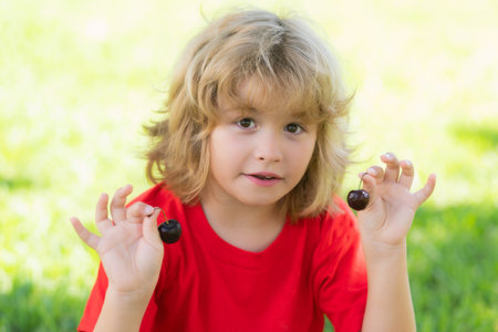 Happy little child hold cherry ner face. Child eat cherries in the summer. Kid is picking cherries in the garden.の写真素材