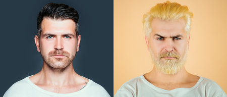 Bearded man set. Hair and beard hair coloring. White Hair color. Barber shop design. Advertising and barbershop concept. Set of mans portrait. Hair colours set. Close-up of young bearded man isolated.の写真素材