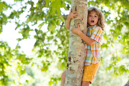Cute little kid boy enjoying climbing on tree on summer day. Cute child learning to climb, having fun in forest or park on sunny day. Happy time and childhood in nature.の写真素材