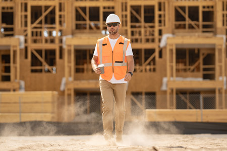 Construction worker with hardhat helmet on construction site. Construction engineer worker in...