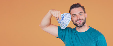 Business man with money banknotes. Male entrepreneur with dollar bills. Lucky boss, insurance agent, manager. Freelancer with cash. Boss, director owner concept. Money for small business.の写真素材