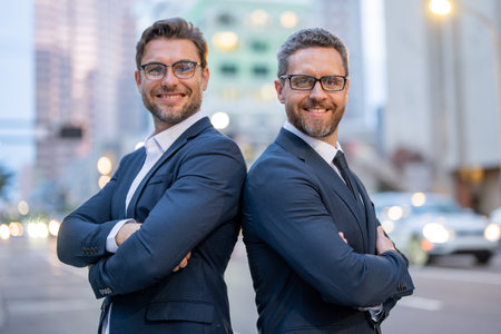 The two business teams leadership. Business men crossed arms outdoor. Young hispanic businessman with arms crossed smiling happy at the city. Business team led to their success.の写真素材