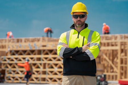 Construction builder in building uniform on buildings construction background. Builder at the construction site. Man worker with helmet on construction site. Bilder in hardhat.の写真素材