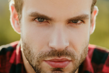 Handsome bearded man closeup portrait. Hipster appearance.の写真素材