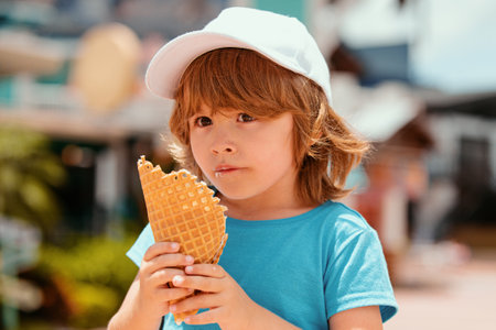 Kid eating ice cream. Happy little boy child eating ice cream at the city background.の写真素材