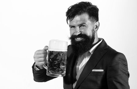 Craft beer. Happy smiling man with glass of beer. Degustation and tasting.の写真素材