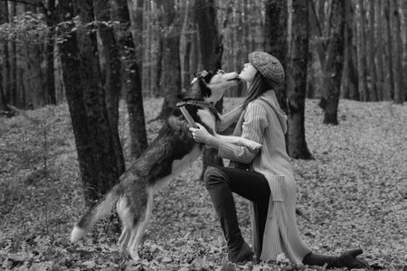 Autumn womanin park. Beautiful young woman playing with funny husky dog outdoors at park. Autumn time, November.の写真素材