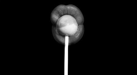 Blow job concept. Woman lips sucking lollypop. Woman holding lollipop in mouth, isolated on black. Red lip, sensual and sexy concept.の写真素材