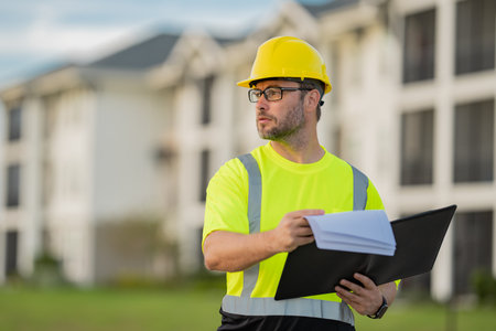 Engineer with clipboard, building inspection. Builder at construction site. Buider with helmet on...