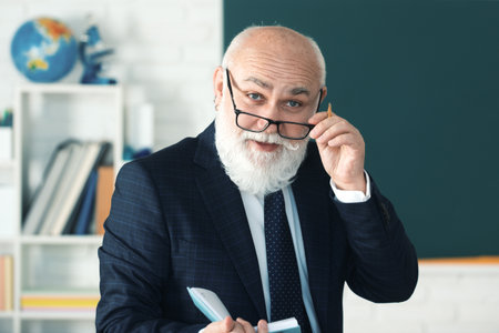 Teacher in the classroom near the blackboard is teaching a lesson. Professor at the university is...