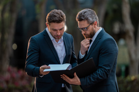 Client at business meeting. Business discussion. Businessman sharing his experience. Business partners meeting outdoor. Two confident business people in formalwear discussing at the street.の写真素材