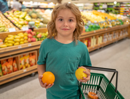 Healthy food for kids. Child with lemon and orange. Portrait of smiling little child with shopping bag at grocery store or supermarket. Child choosing fruit during shopping at vegetable supermarket.の写真素材