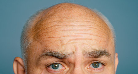 Funny senior man holding empty paper. Close up face. Presentation. Copyspace. Booklet design sheet display read first person. Season sales. Surprised man holding empty paper.の写真素材