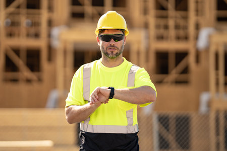 Construction man with helmet. Worker at construction new building. Builder at construction site....