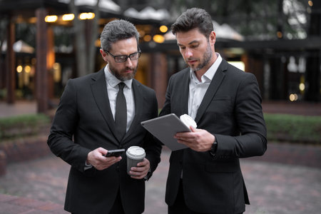 Two businessmen discussing using tablet on coffee break outdoor. Two business people talk project strategy. Two american businessmen in suits walk outdoors in the city and discuss business.の写真素材
