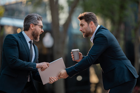 Business fight. Businessmen fighting outdoor. Angry office workers in city. Disagreed men partners. Business competition. Businessmen have business conflict. Business men aggressive outdoor.の写真素材