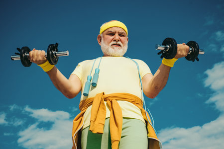 Senior sportman exercising with lifting dumbbell on blue sky background. Isolated, copy space....