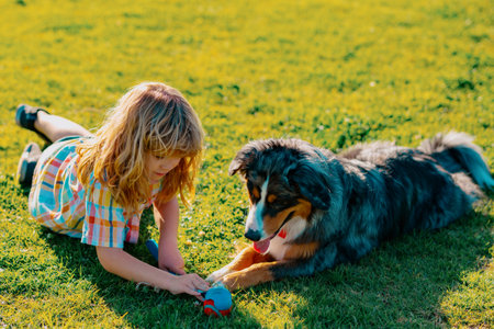Little child boy with pet dog outdooors in park.の写真素材