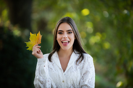 Autumn portrait of cheerful woman with yellow maple leaves. Portrait of beauty girl with autumn...