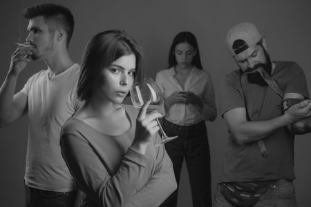 Stop drug addiction. Addictions personal crisis. Overcome dependence. Social networks smoking or drinking alcohol harmful addictions. Diversity group people representante different human addictionsの写真素材