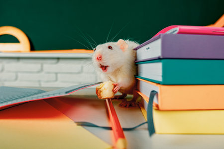 Education concept - rat sitting on books in the class, auditorium over chalkboard background.の写真素材