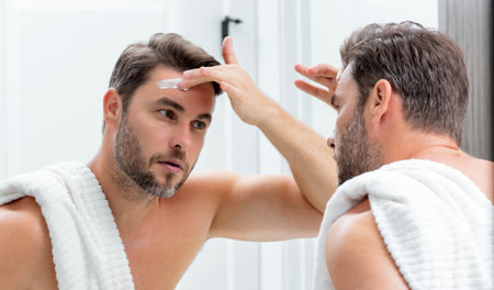 Close-up male wrinkles. Portrait of brunet man touching skin wrinkles. Middle aged man with touch wrinkles in front of the mirror. Aged skin. Man 40s cosmetic, skin treatment. Male face with wrinkles.の写真素材