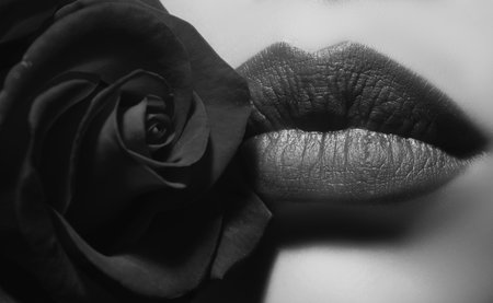 Beauty Red Lips Makeup Detail. Lips with lipstick closeup. Beautiful woman lips with rose.の写真素材