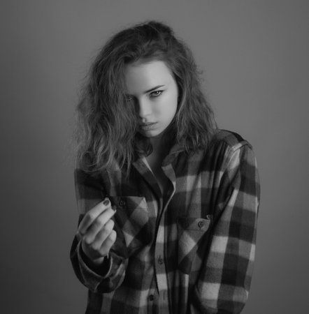 Seductive woman in shirt. Fashion style vogue. Sensual young girl.の写真素材