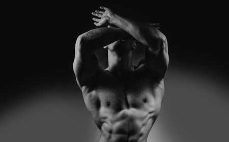 Sexy male model body, nude torso. Sexy naked man, seductive gay. Muscular shirtless man, attractive guy.の写真素材