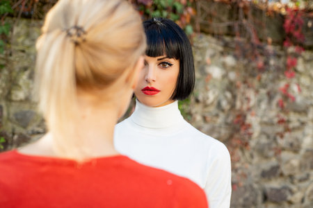 Sweet girls. Sexy female models in love. Beauty portrait of young lesbian couple women. Sexy girlfriends lesbians. Two sexy lesbians girl. Sensual lesbians couple. Lgbt, lgbtq concept. Hot sexy girls.の写真素材